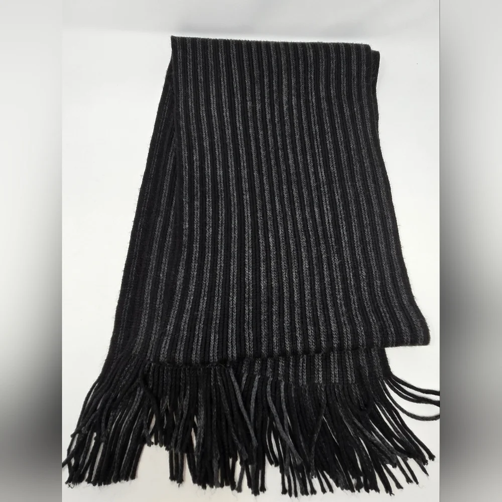 MICHAEL KORS LONG BLACK & GREY STRIPE SCARF FRINGE ENDS UNISEX OS WINTER COSY